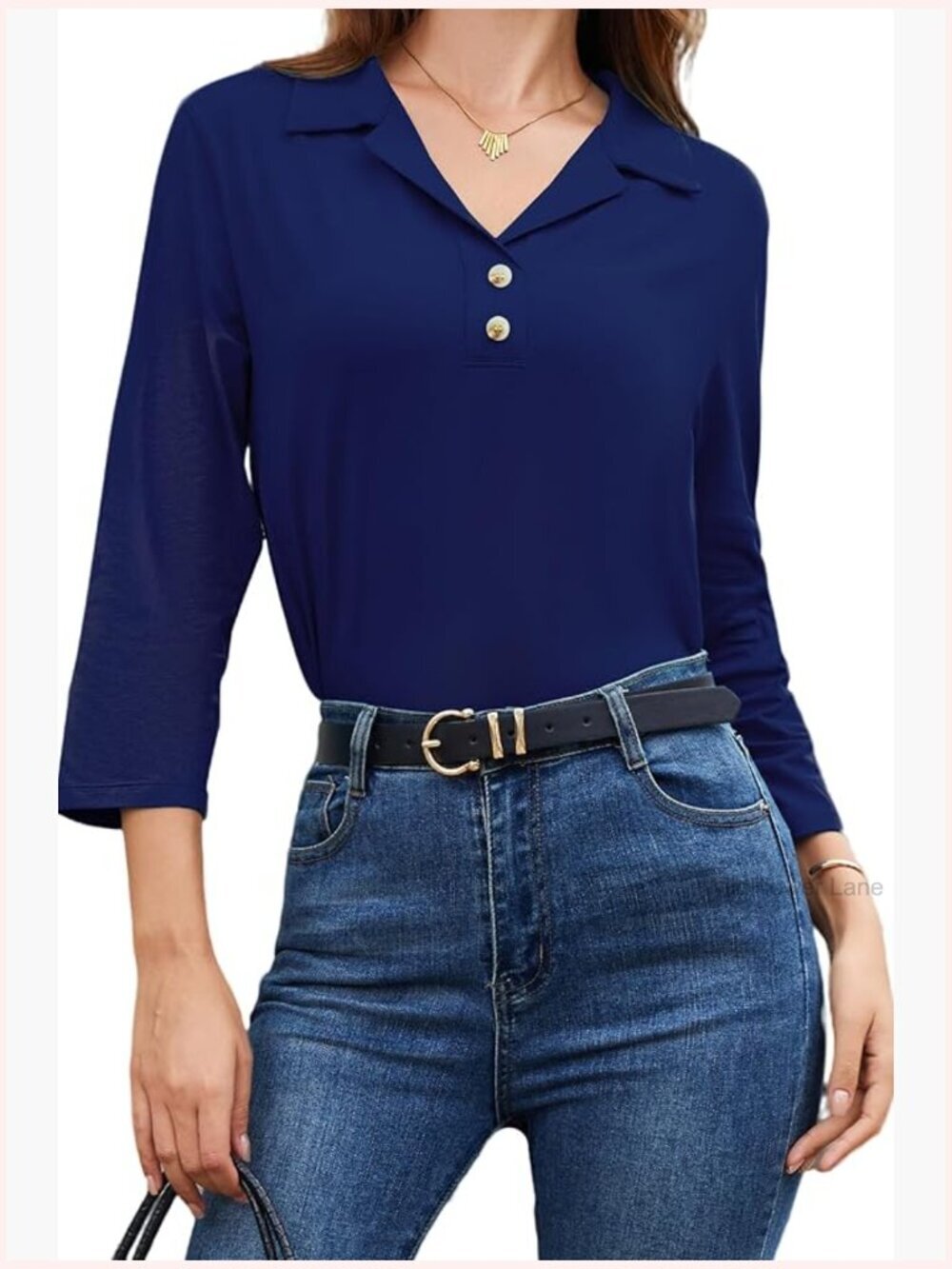 Collared 3/4 Sleeve V Neck Button Down Polo Blouse Business Casual Work Top
